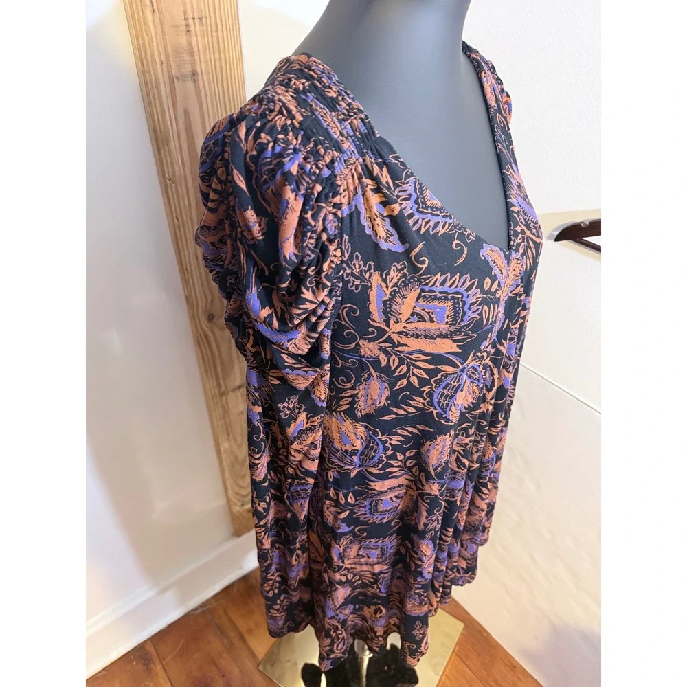 Free People Black& Orange Floral Boho Dress Top Long Sleeve Keyhole‎ Back Small